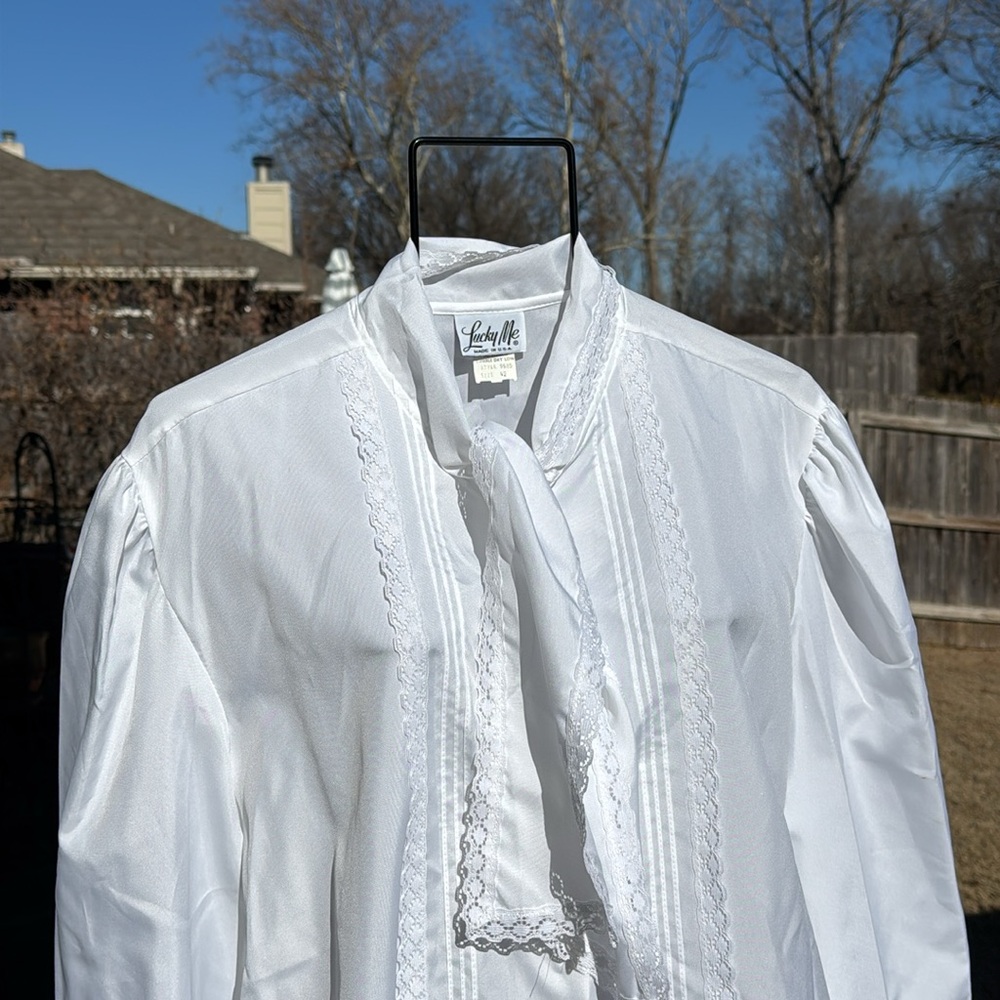 NOS Vintage  White Secretary Blouse sz 42 USA Made Tie Collar Lace